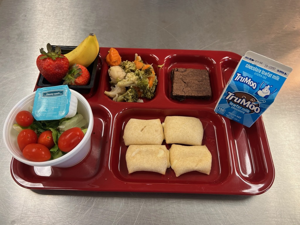 elementary lunch with a proteiin, fruit, milk and brownie